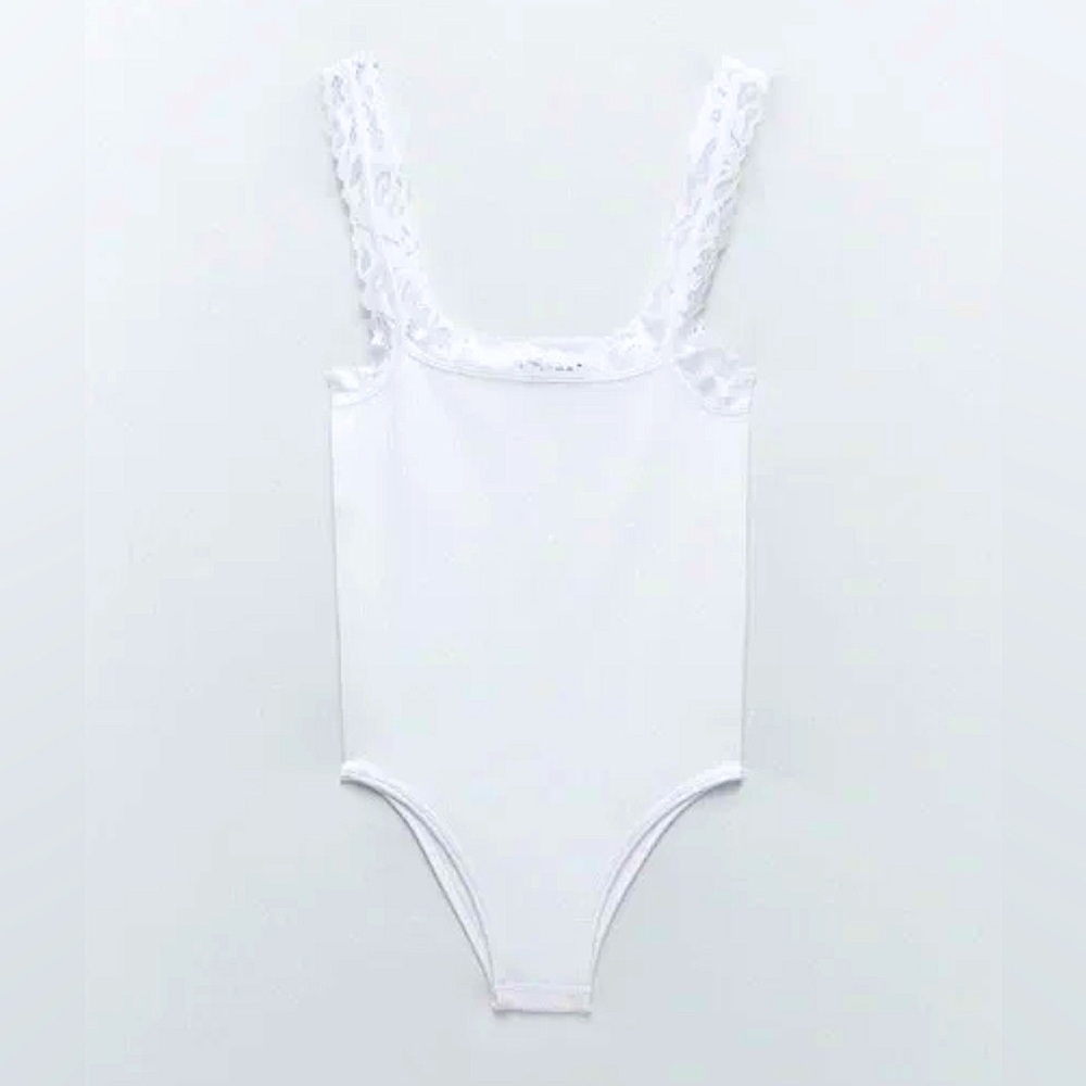 NWOT ZARA XS-S White Stretch Bodysuit w/ Square Neckline, Lace Straps & Trim